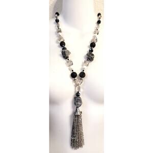 Mica Stone AB Crystal Glass Beaded Fringe Necklace Magnetic Clasp Gray Boho